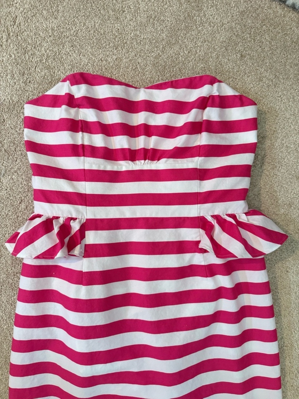 Y2K Lilly Pulitzer White Strapless Mini Dress Pink Stripes Trim Peplum Ruffle - Picture 5 of 10